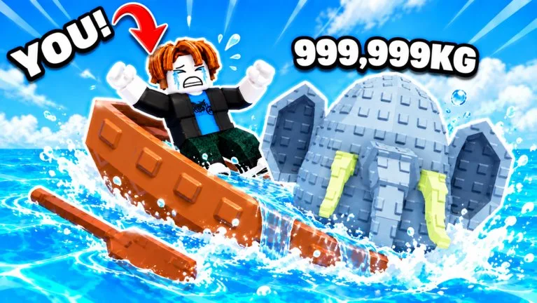 A Roblox character rowing a small wooden boat on bright blue water beside a giant stone elephant.